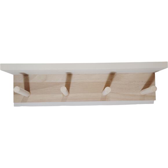 Natural Wood Wall-Mounted Coat Rack – 4 Pegs, Whitewashed Shelf Surface 13" x 3" - Picture 1 of 5